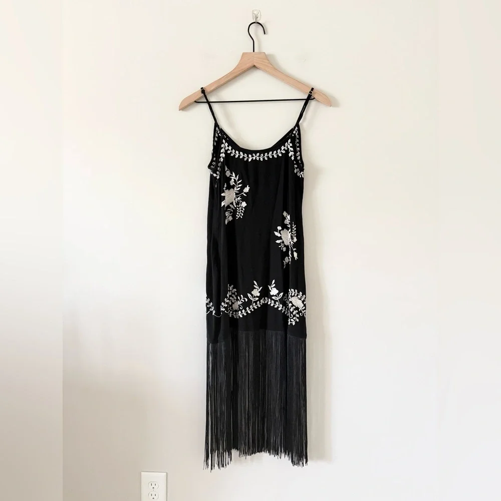 Nasty Gal Black Mini Dress with White Floral Embroidery & Fringe - Picture 6 of 6